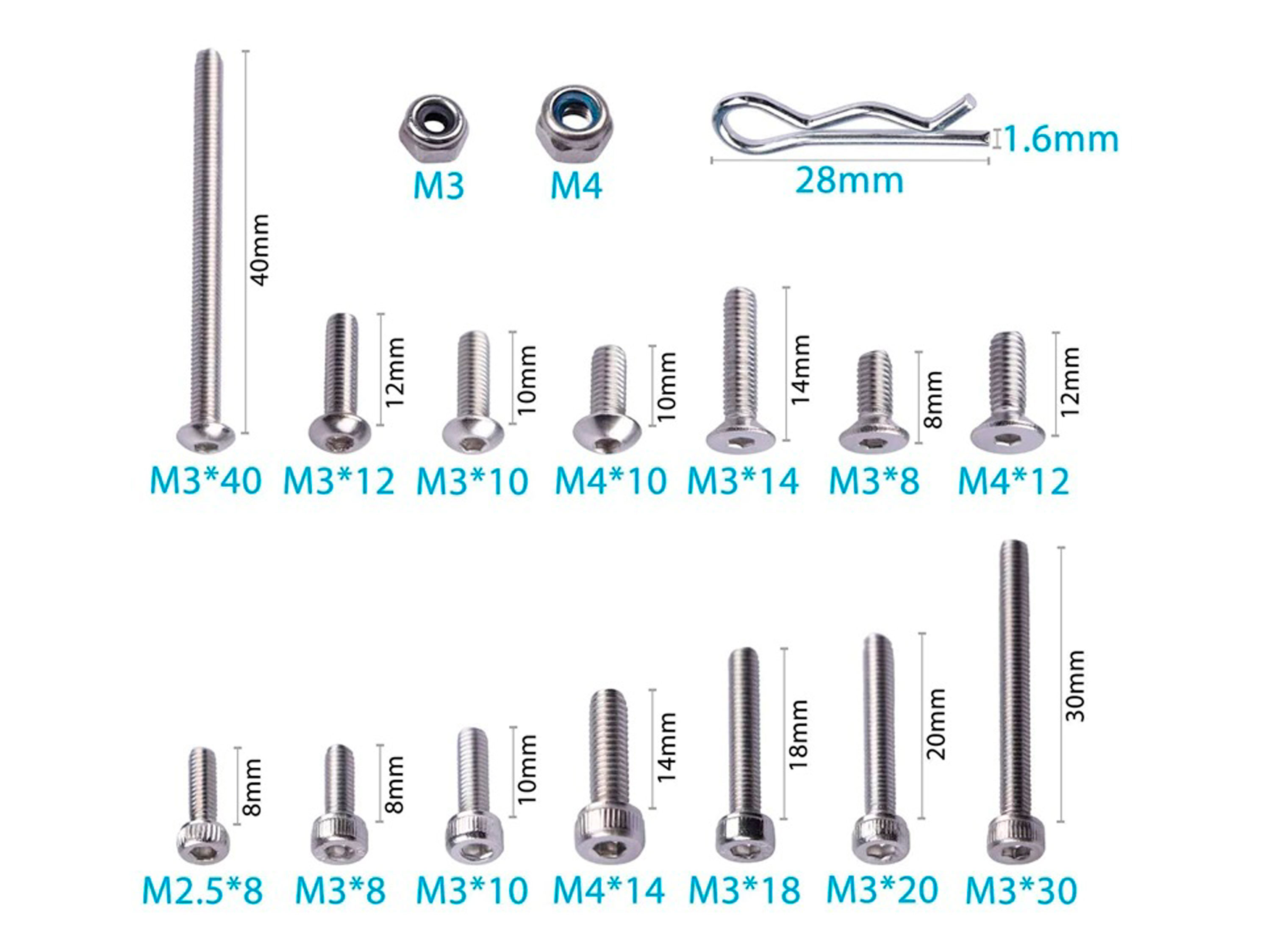 Набір гвинтів з шестигранником і контргайок M2.5/М3/M4 (205шт) (світлина #3)