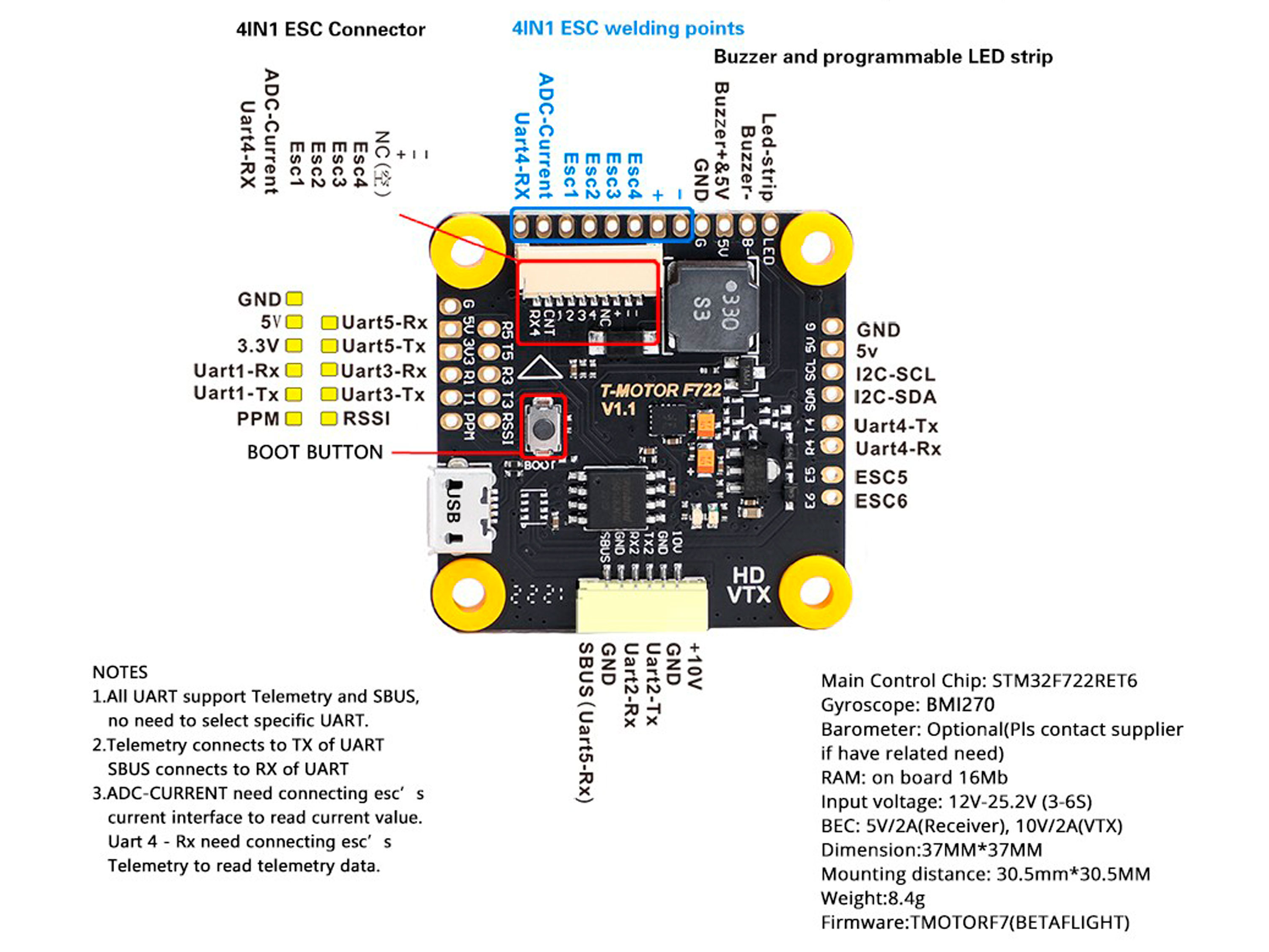 T-Motor F722 PRO II HD (польотний контролер F7 + регулятор 4в1 F55A) (світлина #7)