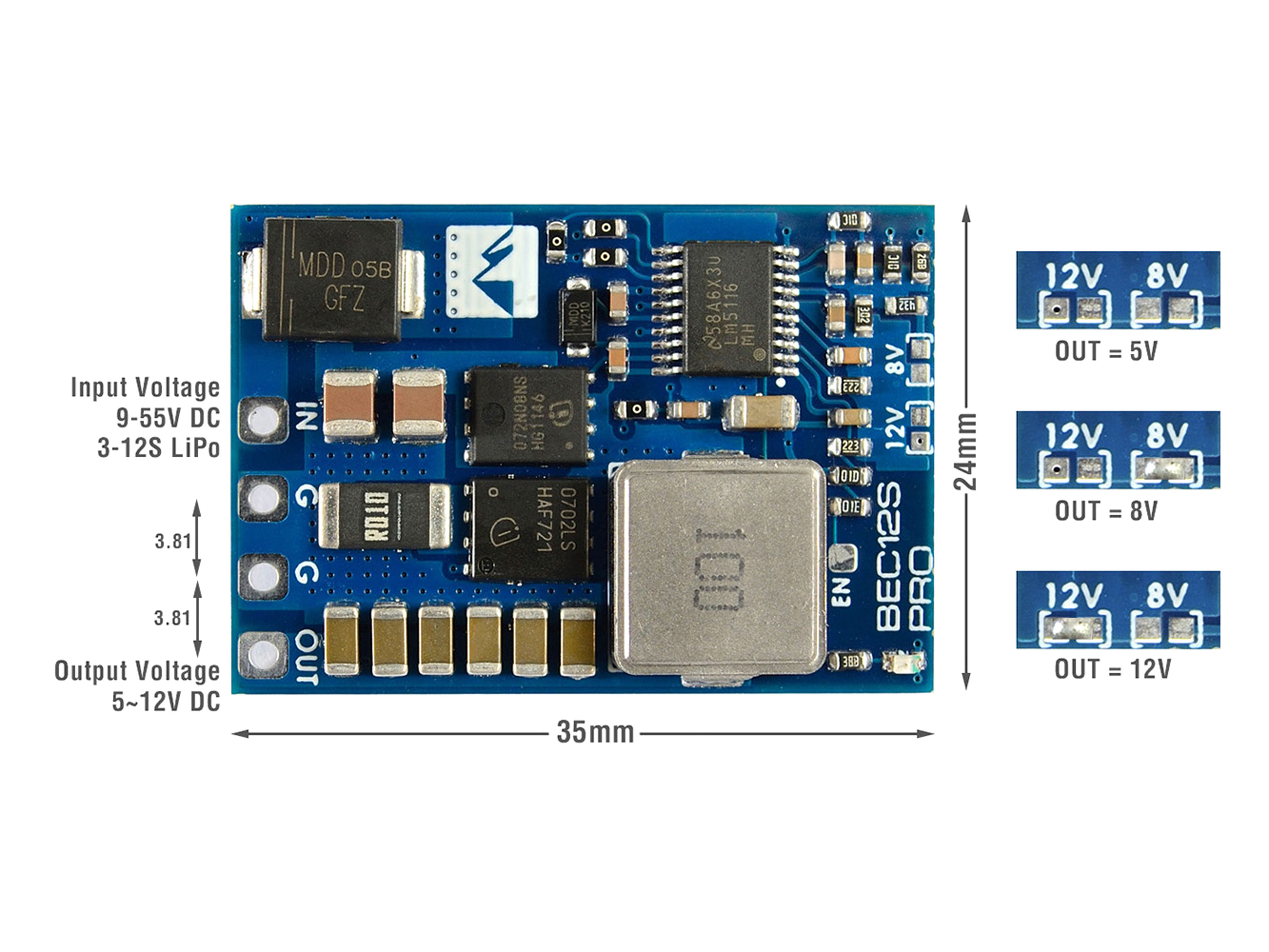 Стабілізатор (BEC) Matek 5В/8В/12В PRO (3-12S LiPO) (світлина #2)